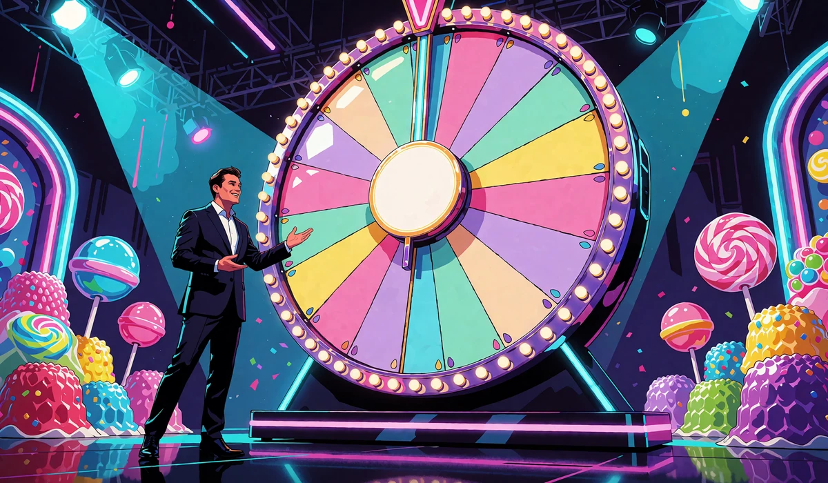 Studio game show z wielkim kolorowym kołem nagr&oacute;d i uśmiechniętym prowadzącym w ciemnym garniturze, klimat Sweet Bonanza Candyland