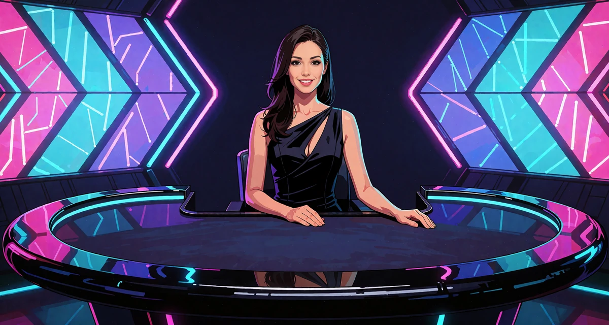 Krupierka kasyna live Golisimo przy stole w studiu z neonowymi panelami w kolorach cyjanu i fioletu